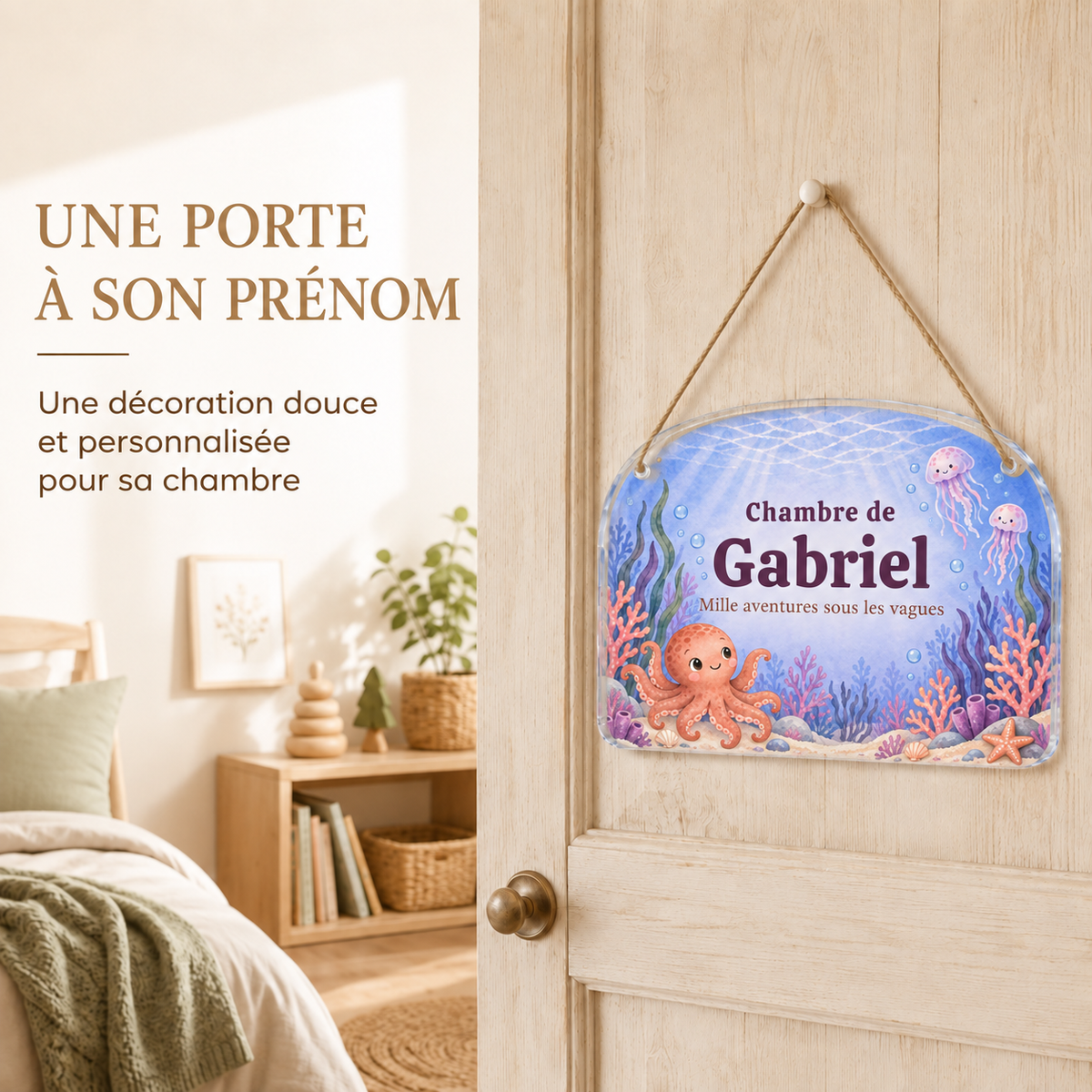 Mise en situation de la plaque de porte personnalisée HUSH HOUSE, modèle Pieuvre, avec un prénom de démonstration.