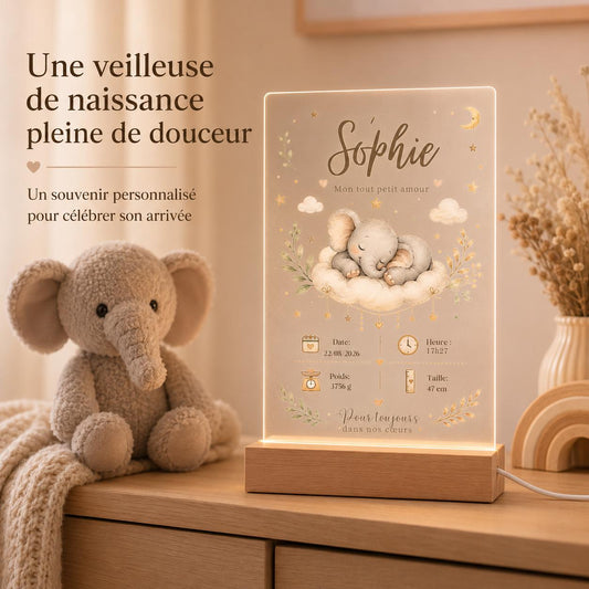 Veilleuse Éléphant personnalisée – détail fiche de naissance