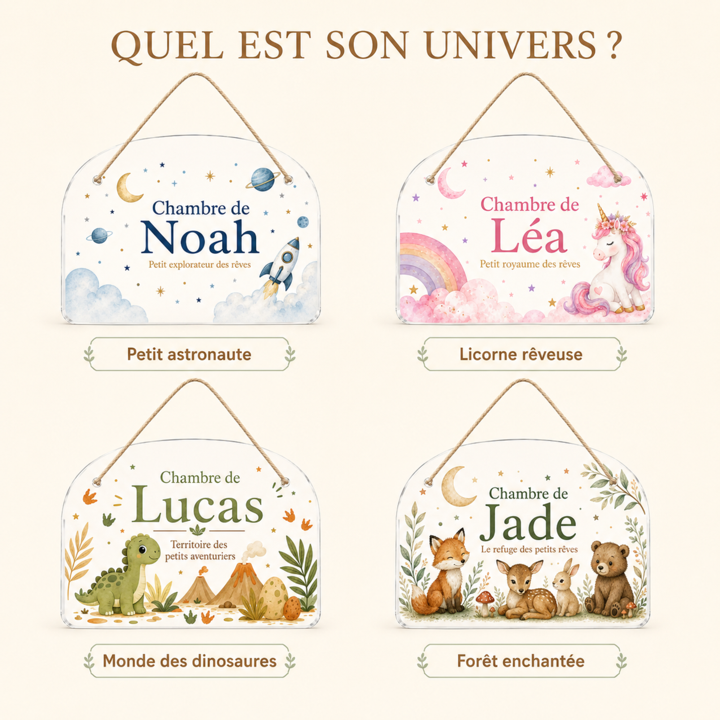 Plaque de porte enfant personnalisée avec prénom – Acrylique – 4 univers au choix