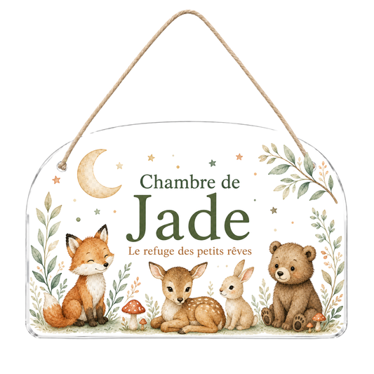 Plaque de porte personnalisée HUSH HOUSE, modèle Forêt de Jade, présentée entière avec un prénom de démonstration.