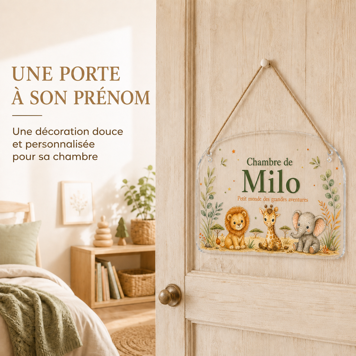 Mise en situation de la plaque de porte personnalisée HUSH HOUSE, modèle Safari, avec un prénom de démonstration.