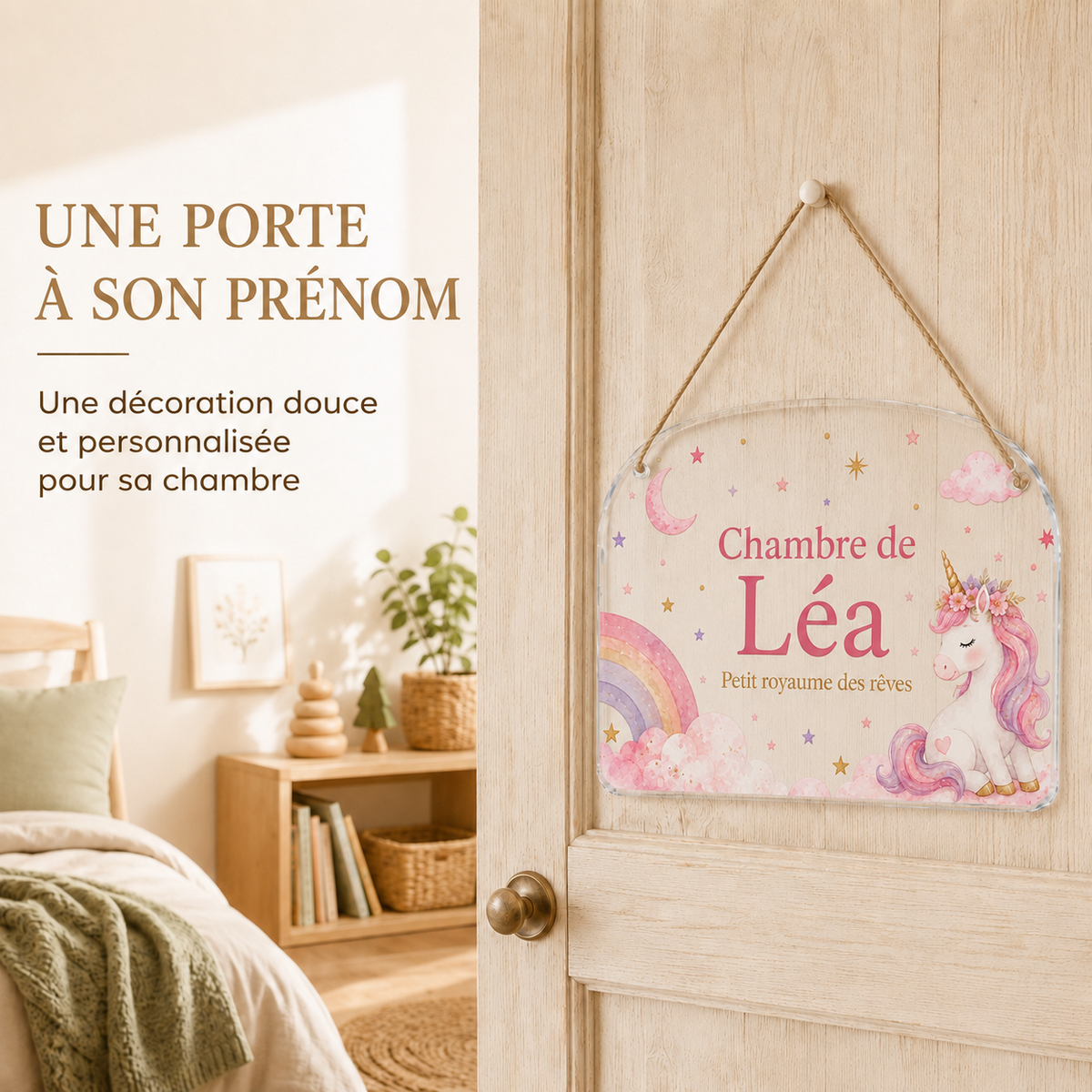Mise en situation de la plaque de porte personnalisée HUSH HOUSE, modèle Licorne, avec un prénom de démonstration.