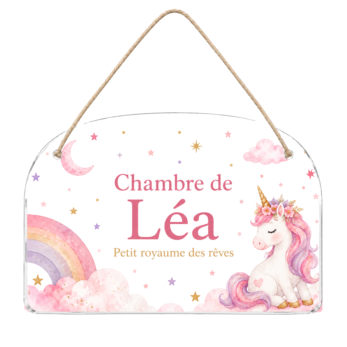 Plaque de porte personnalisée HUSH HOUSE, modèle Licorne, présentée entière avec un prénom de démonstration.
