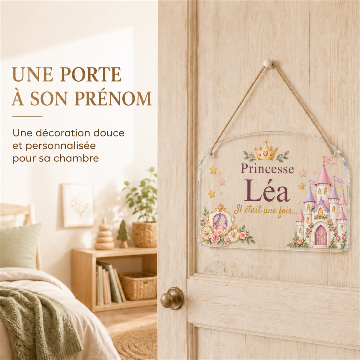 Mise en situation de la plaque de porte personnalisée HUSH HOUSE, modèle Princesse, avec un prénom de démonstration.