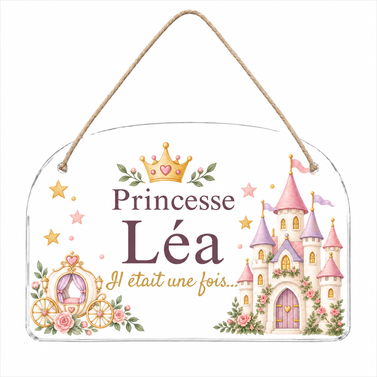 Plaque de porte personnalisée HUSH HOUSE, modèle Princesse, présentée entière avec un prénom de démonstration.