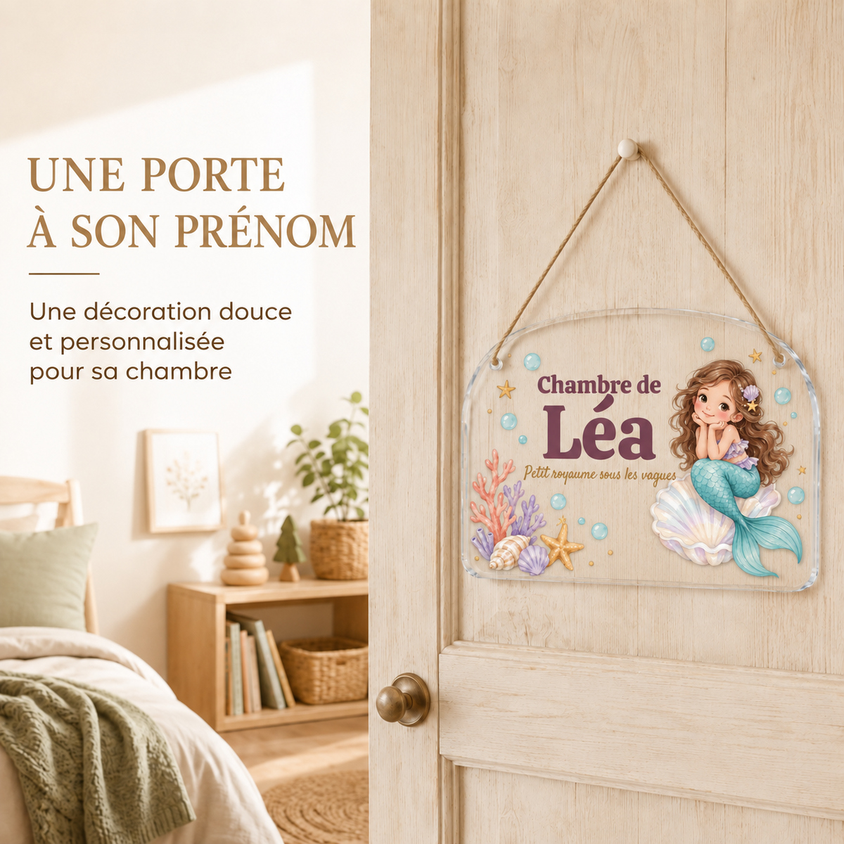 Mise en situation de la plaque de porte personnalisée HUSH HOUSE, modèle Sirène, avec un prénom de démonstration.