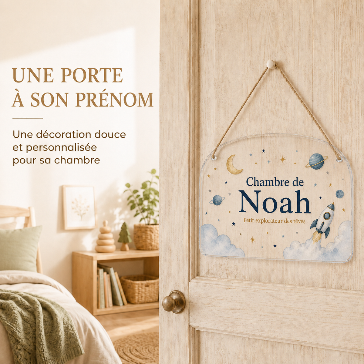 Mise en situation de la plaque de porte personnalisée HUSH HOUSE, modèle Astronaute, avec un prénom de démonstration.