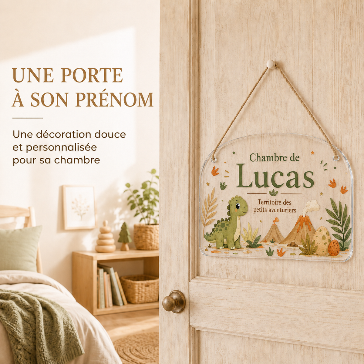 Mise en situation de la plaque de porte personnalisée HUSH HOUSE, modèle Dinosaure, avec un prénom de démonstration.