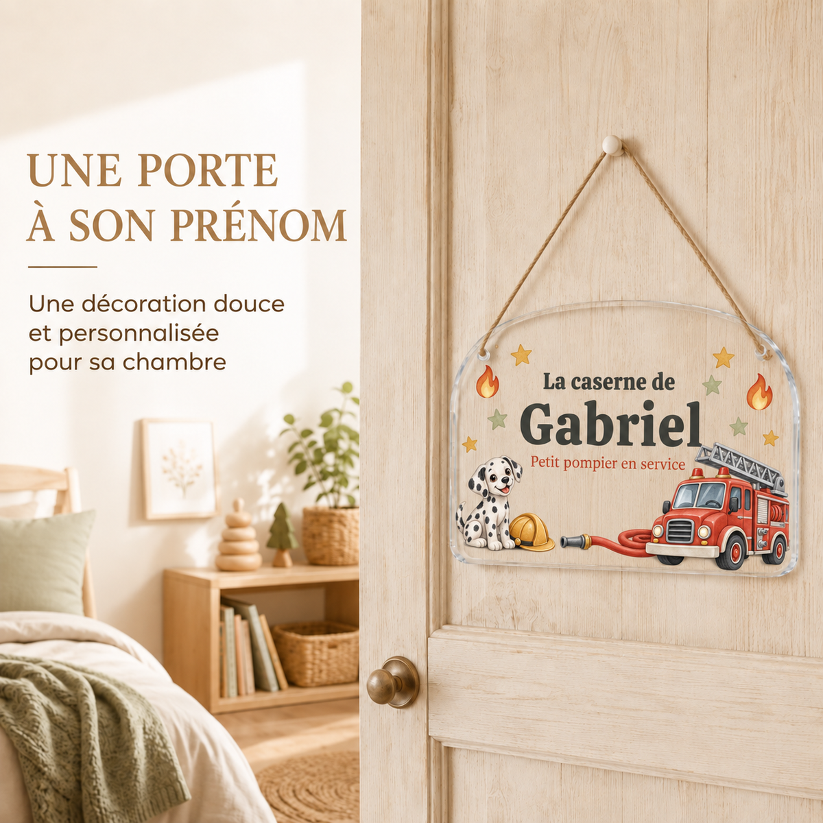 Mise en situation de la plaque de porte personnalisée HUSH HOUSE, modèle Pompier, avec un prénom de démonstration.