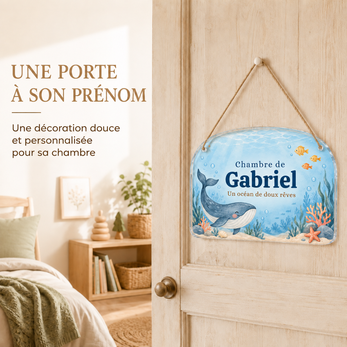 Mise en situation de la plaque de porte personnalisée HUSH HOUSE, modèle Baleine, avec un prénom de démonstration.