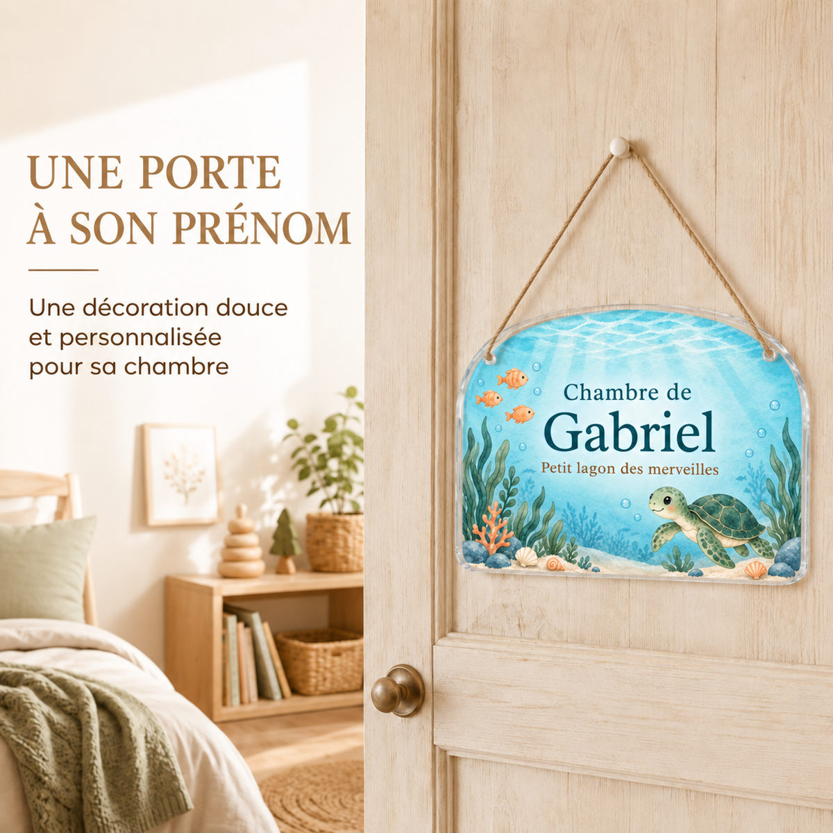 Mise en situation de la plaque de porte personnalisée HUSH HOUSE, modèle Tortue, avec un prénom de démonstration.