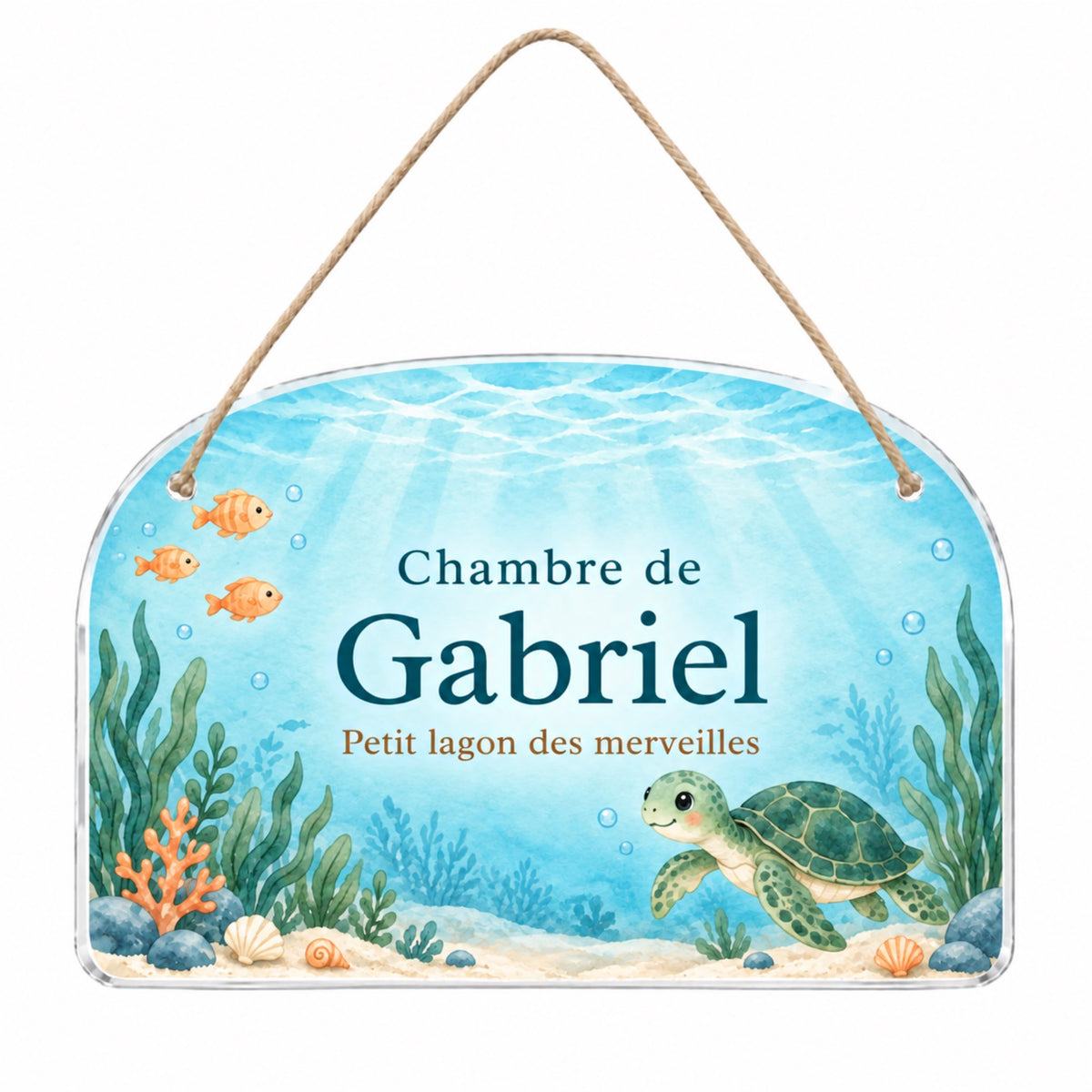 Plaque de porte personnalisée HUSH HOUSE, modèle Tortue, présentée entière avec un prénom de démonstration.