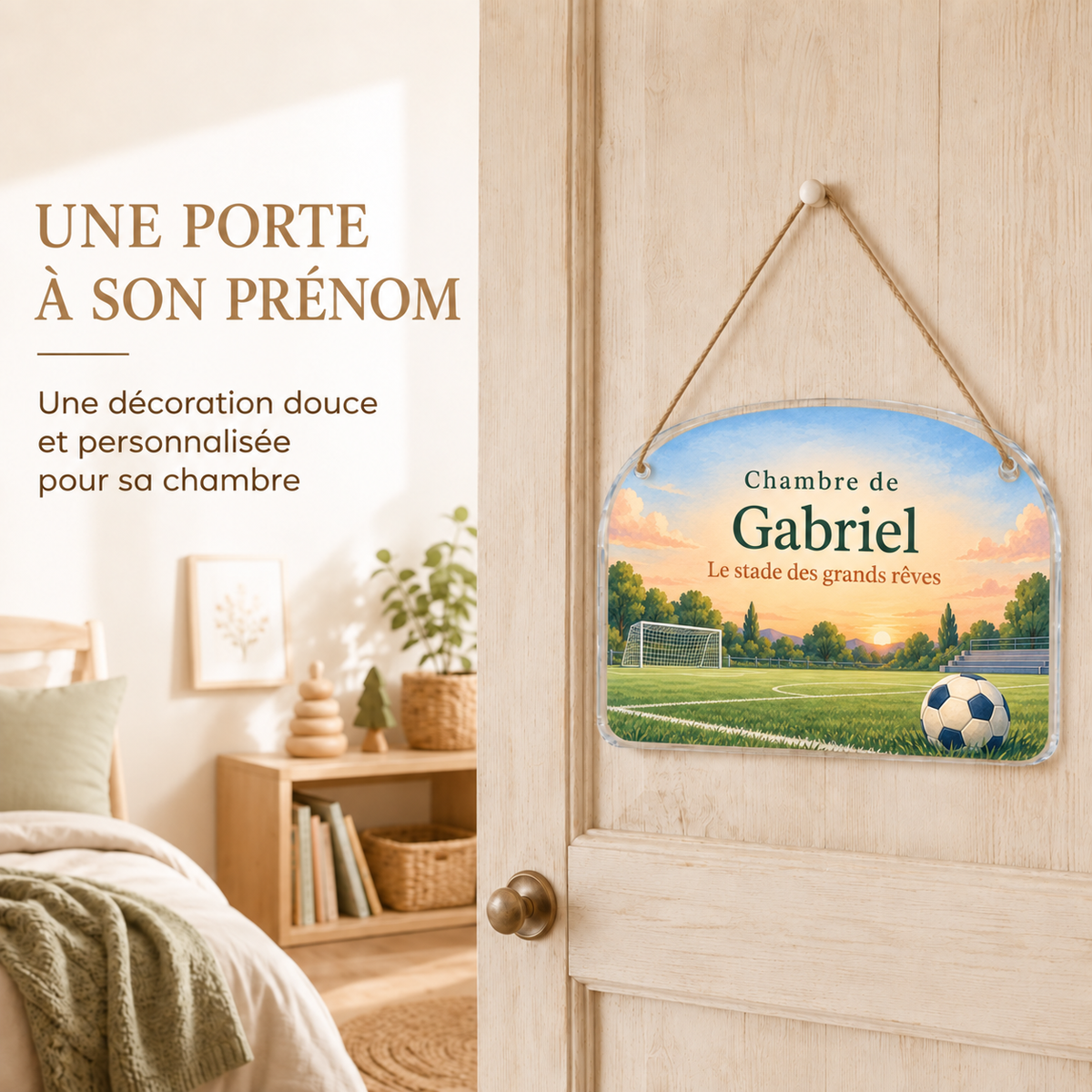 Mise en situation de la plaque de porte personnalisée HUSH HOUSE, modèle Football, avec un prénom de démonstration.