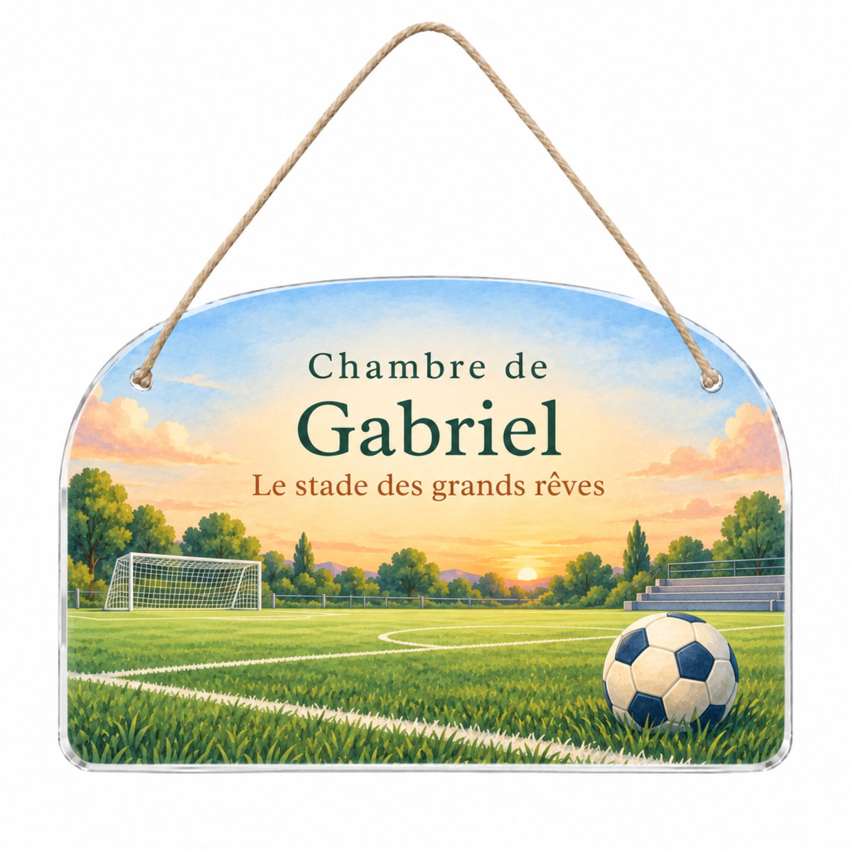 Plaque de porte personnalisée HUSH HOUSE, modèle Football, présentée entière avec un prénom de démonstration.
