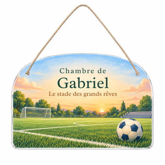 Plaque de porte personnalisée HUSH HOUSE, modèle Football, présentée entière avec un prénom de démonstration.