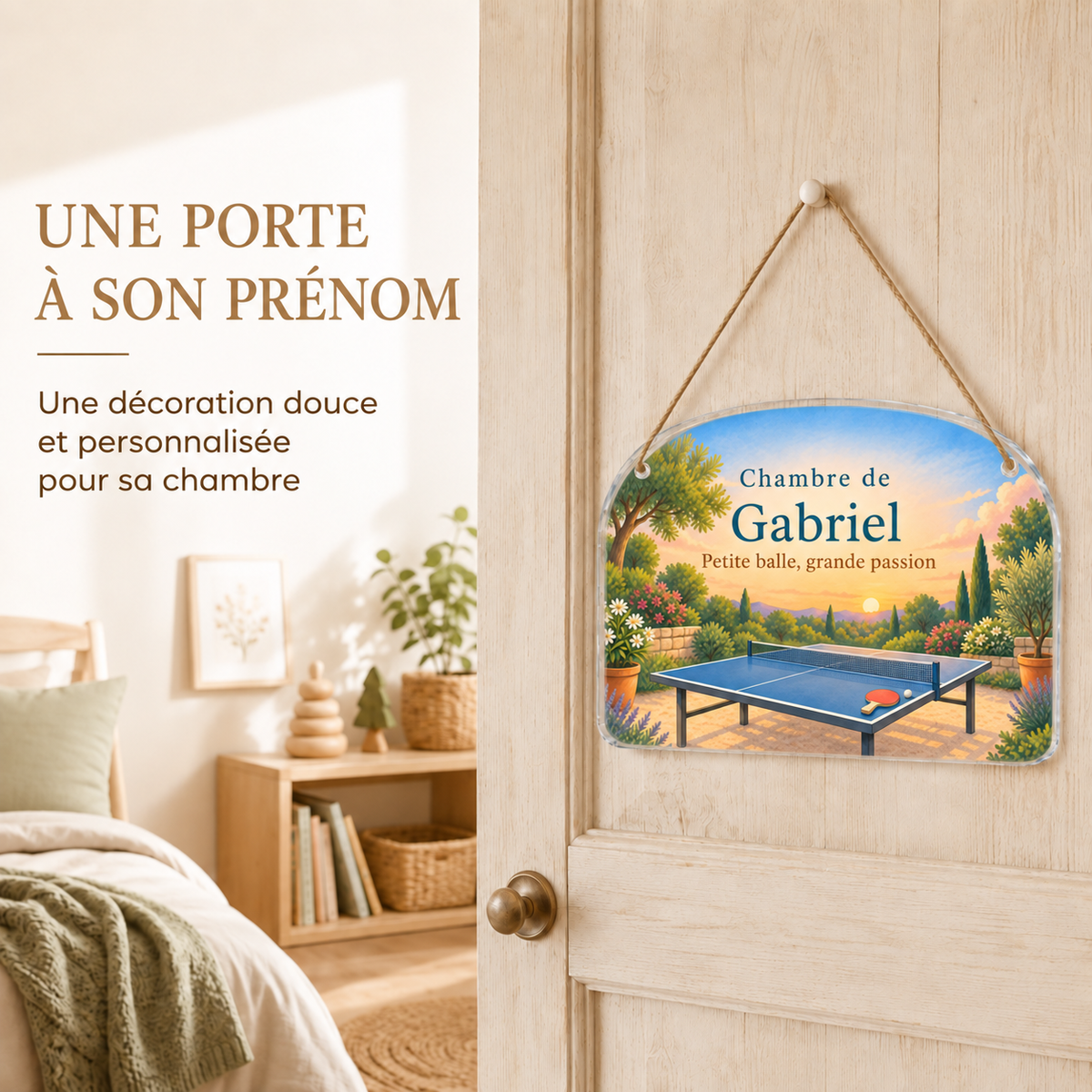 Mise en situation de la plaque de porte personnalisée HUSH HOUSE, modèle Ping-pong, avec un prénom de démonstration.