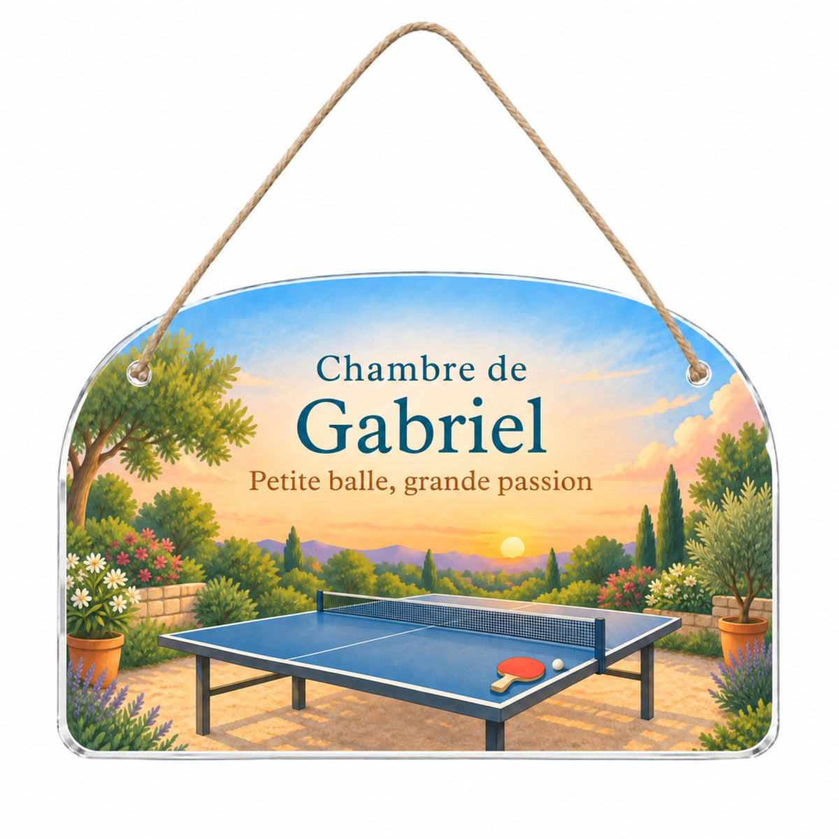 Plaque de porte personnalisée HUSH HOUSE, modèle Ping-pong, présentée entière avec un prénom de démonstration.