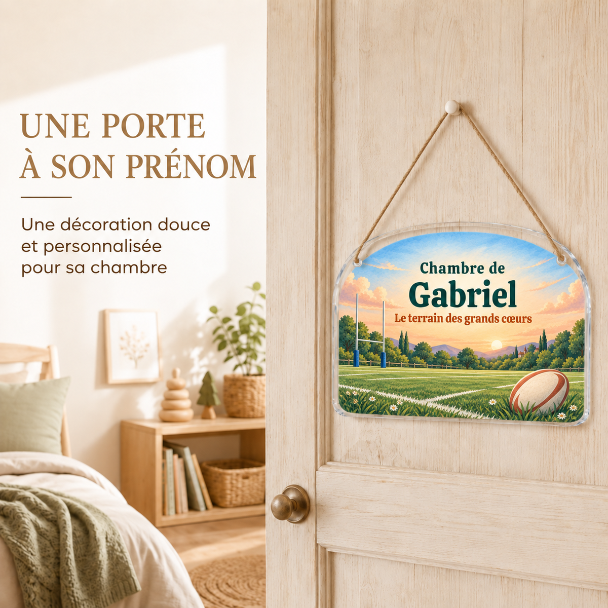 Mise en situation de la plaque de porte personnalisée HUSH HOUSE, modèle Rugby, avec un prénom de démonstration.
