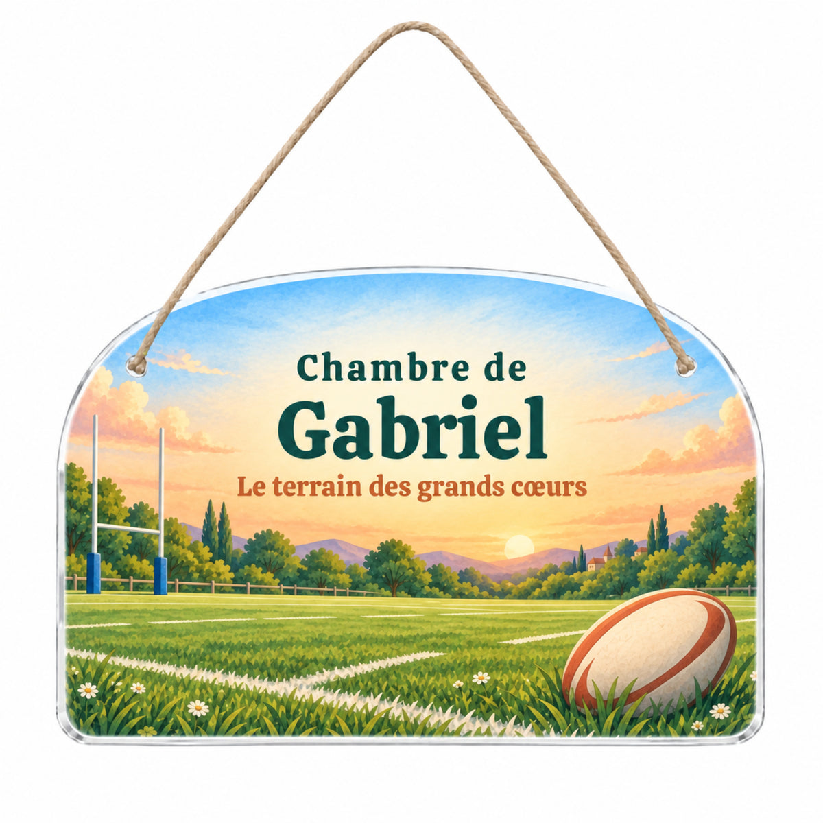 Plaque de porte personnalisée HUSH HOUSE, modèle Rugby, présentée entière avec un prénom de démonstration.