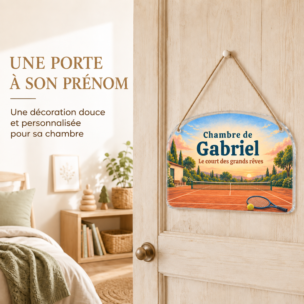 Mise en situation de la plaque de porte personnalisée HUSH HOUSE, modèle Tennis, avec un prénom de démonstration.
