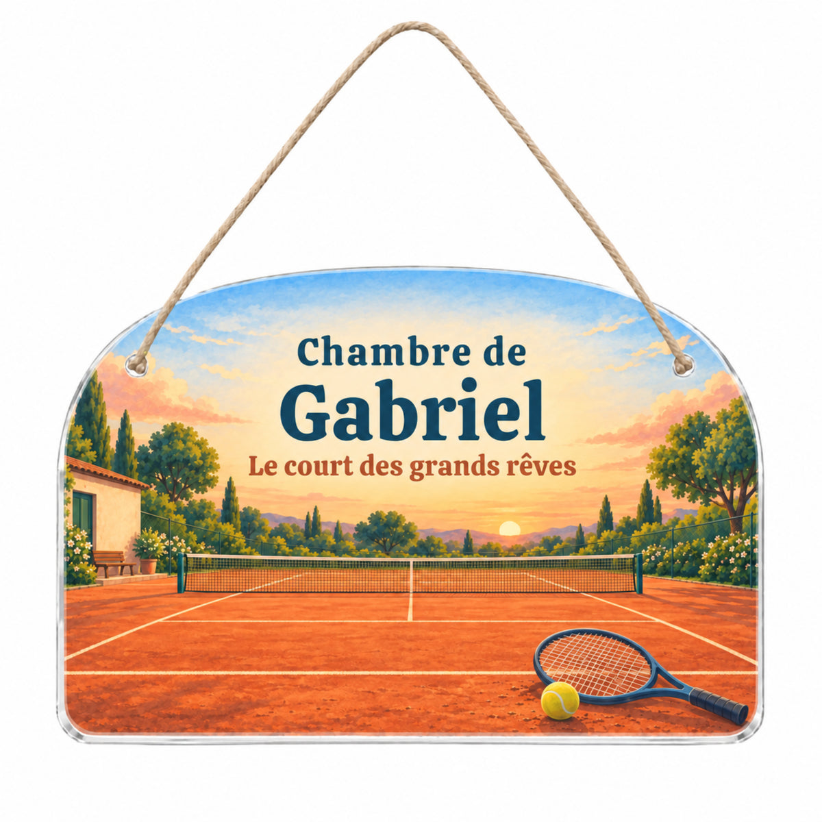 Plaque de porte personnalisée HUSH HOUSE, modèle Tennis, présentée entière avec un prénom de démonstration.