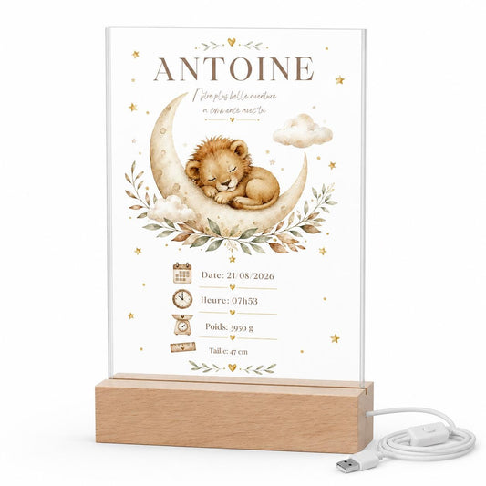 Veilleuse fiche de naissance Lion personnalisée prénom date poids taille – acrylique socle bois