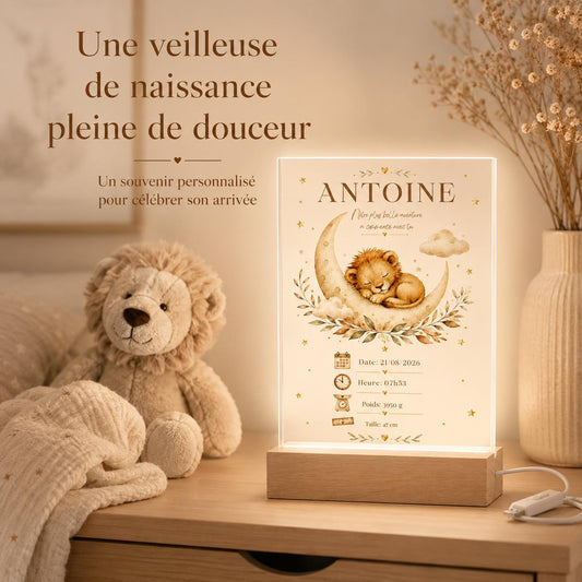 Veilleuse Lion personnalisée – détail gravure fiche de naissance