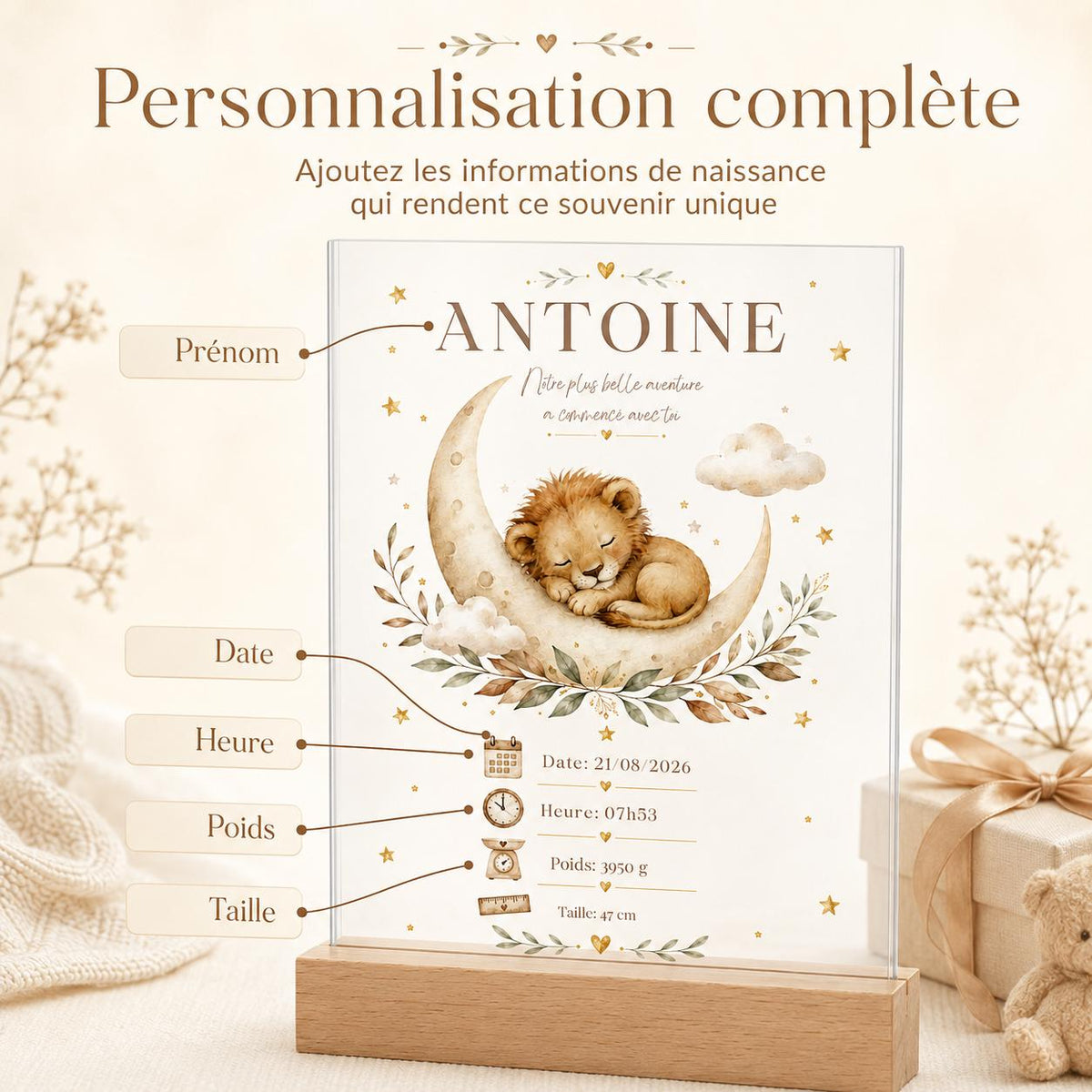 Veilleuse Lion – personnalisation prénom et détails de naissance