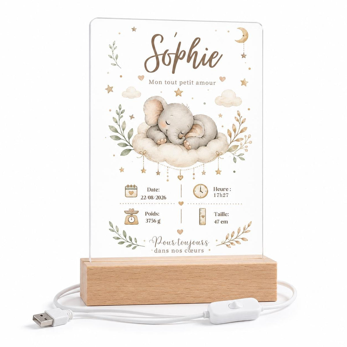 Veilleuse fiche de naissance Éléphant personnalisée prénom date poids taille – acrylique socle bois