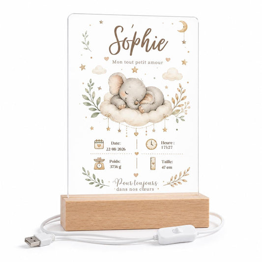 Veilleuse fiche de naissance Éléphant personnalisée prénom date poids taille – acrylique socle bois