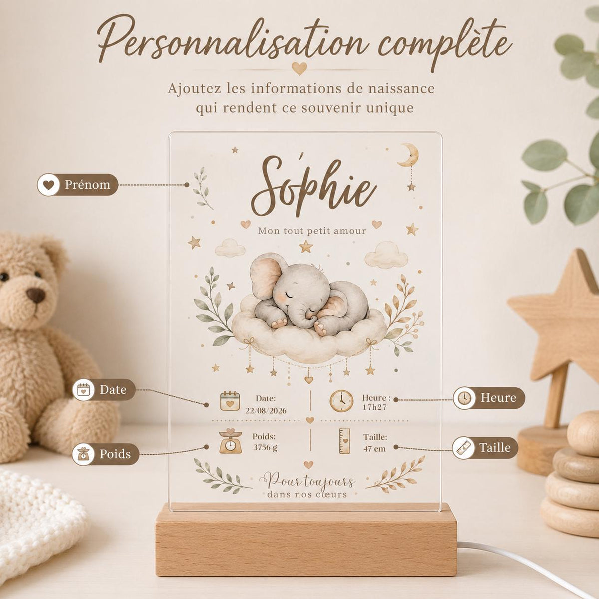 Veilleuse Éléphant – personnalisation prénom et détails de naissance