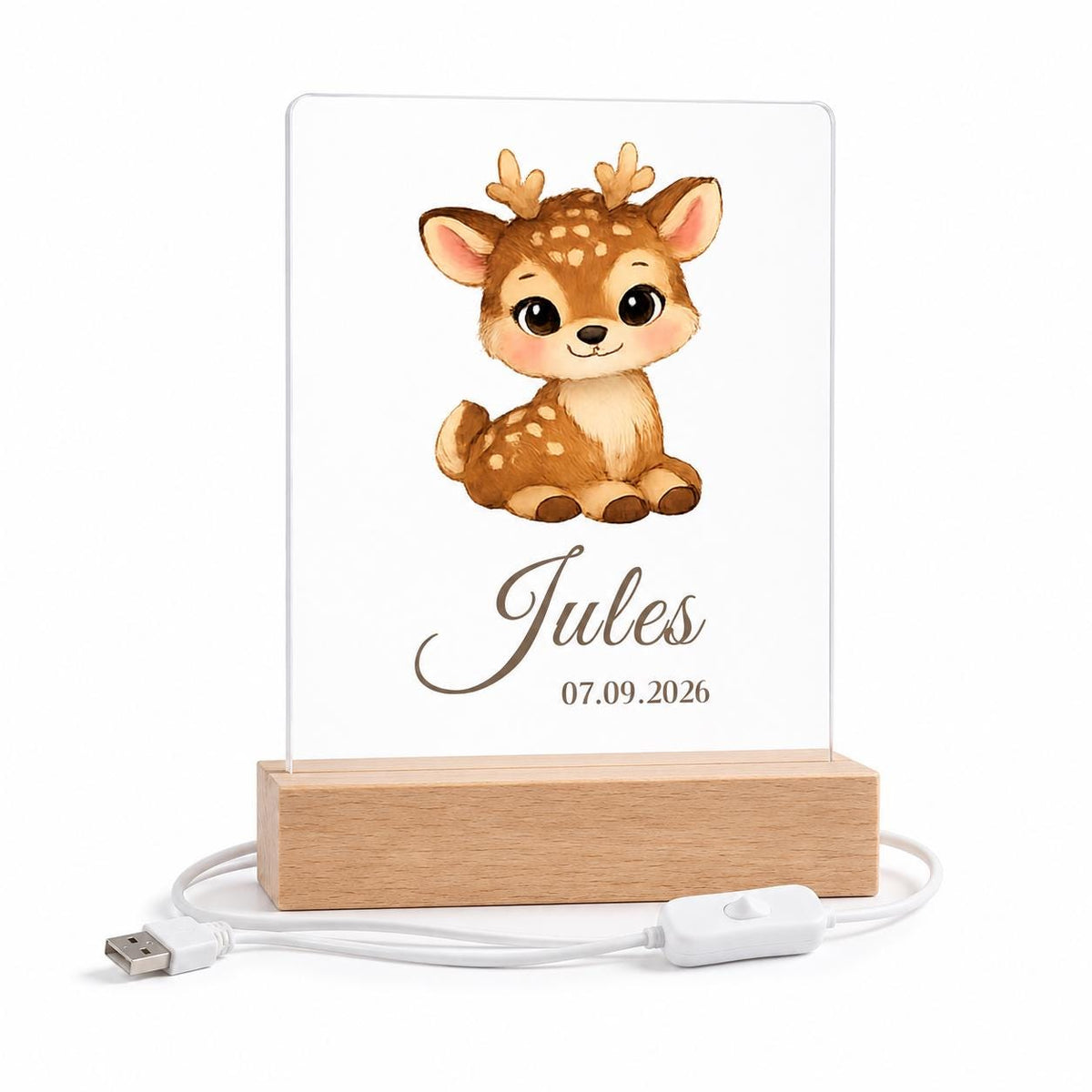 Veilleuse bébé Faon personnalisée prénom et date – acrylique socle bois – thème forêt