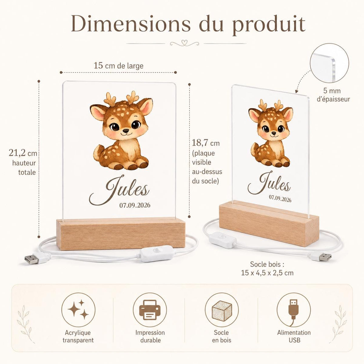 Veilleuse Faon – souvenir de naissance illuminé