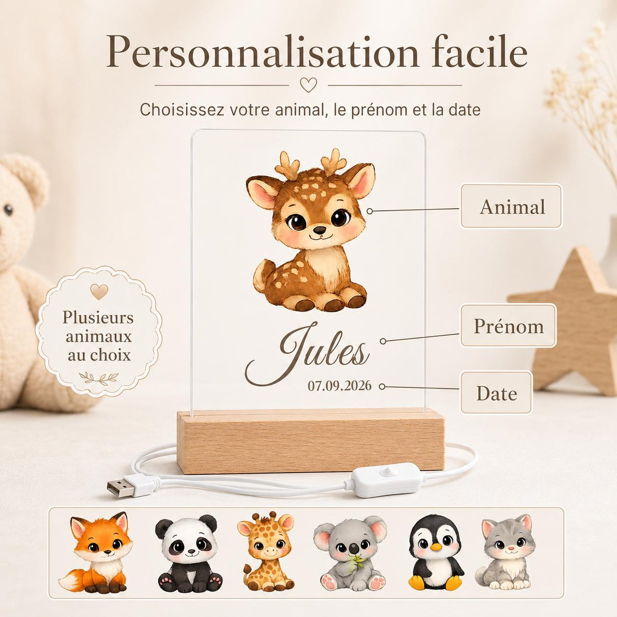 Veilleuse Faon – personnalisation prénom et date