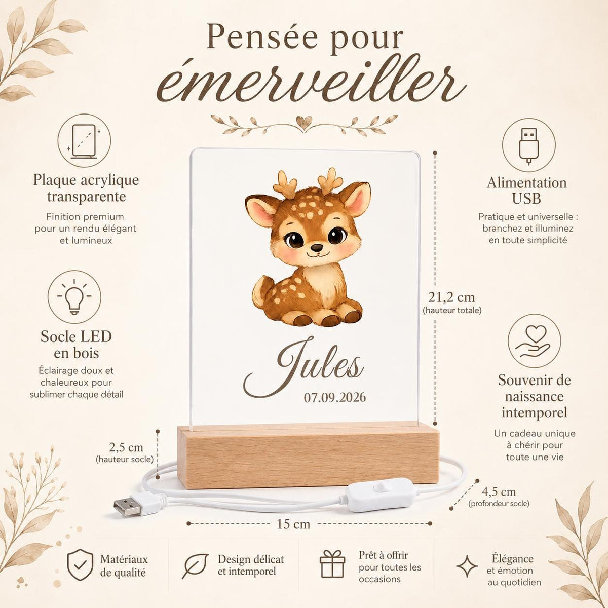 Veilleuse Faon – dimensions plaque acrylique et socle bois