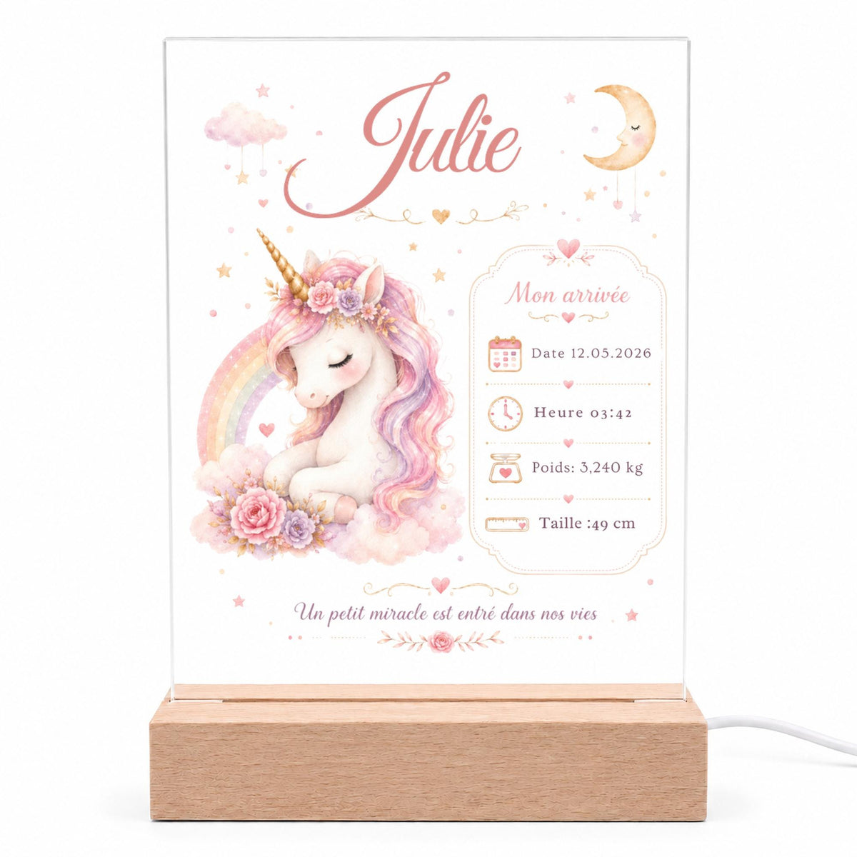 Veilleuse bébé Licorne rose personnalisée « Mon arrivée » – détails de naissance – acrylique socle bois