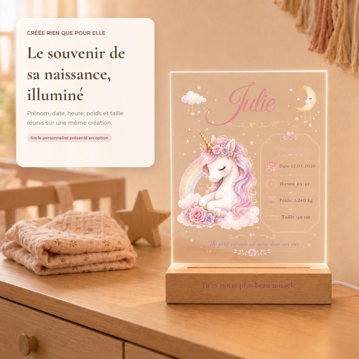 Veilleuse Licorne – personnalisation prénom et détails de naissance