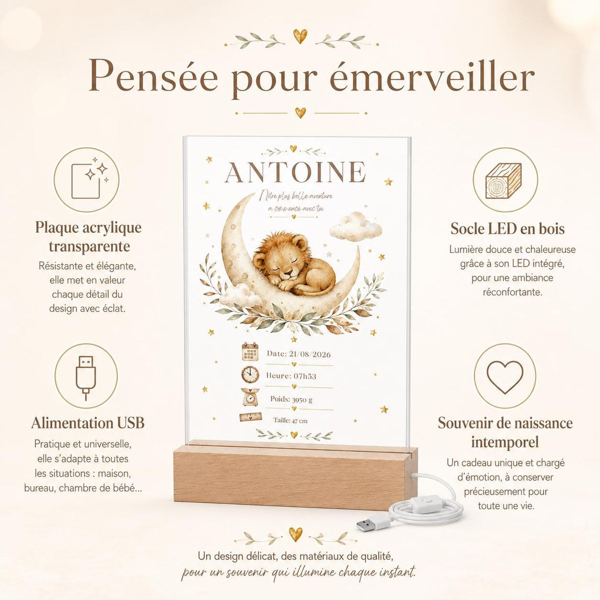 Veilleuse Lion – dimensions plaque acrylique et socle bois