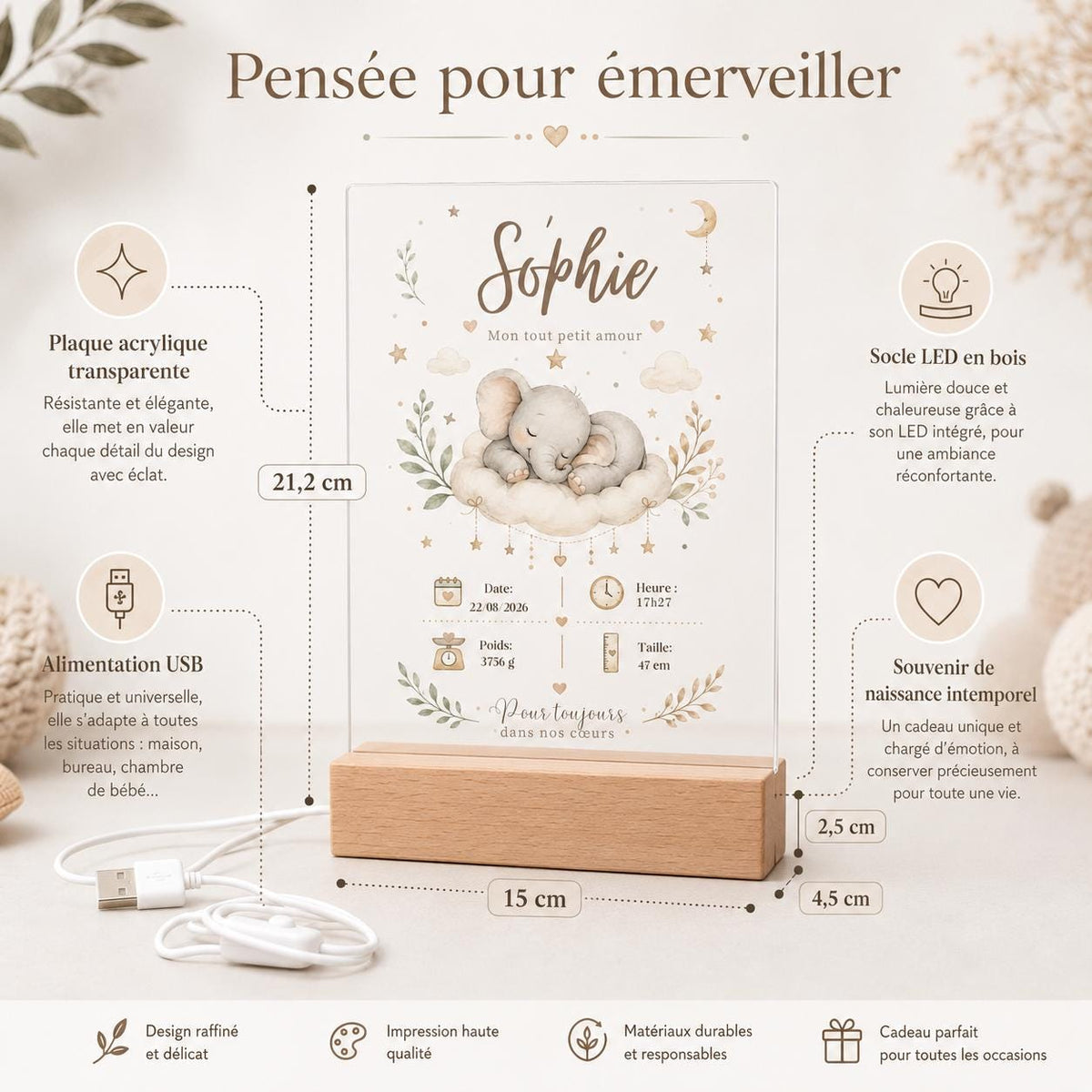Veilleuse Éléphant – dimensions plaque acrylique et socle bois