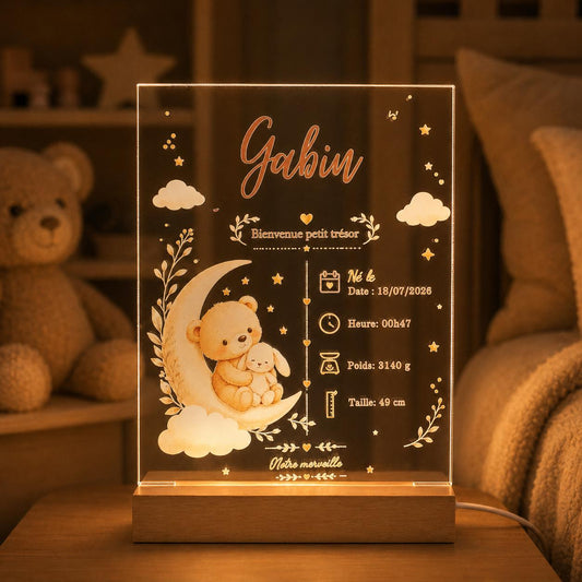 Veilleuse fiche de naissance Ourson personnalisée prénom date poids taille – acrylique socle bois