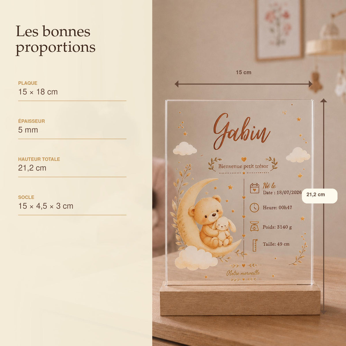 Veilleuse Ourson – dimensions plaque acrylique et socle bois