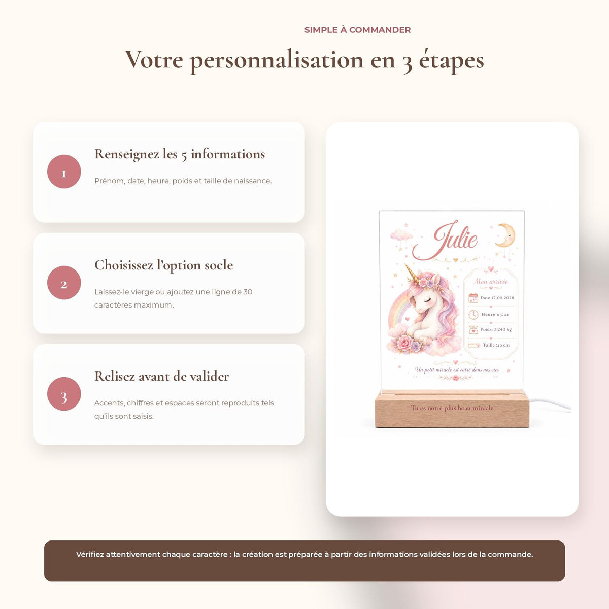 Veilleuse Licorne rose – option socle lumineux
