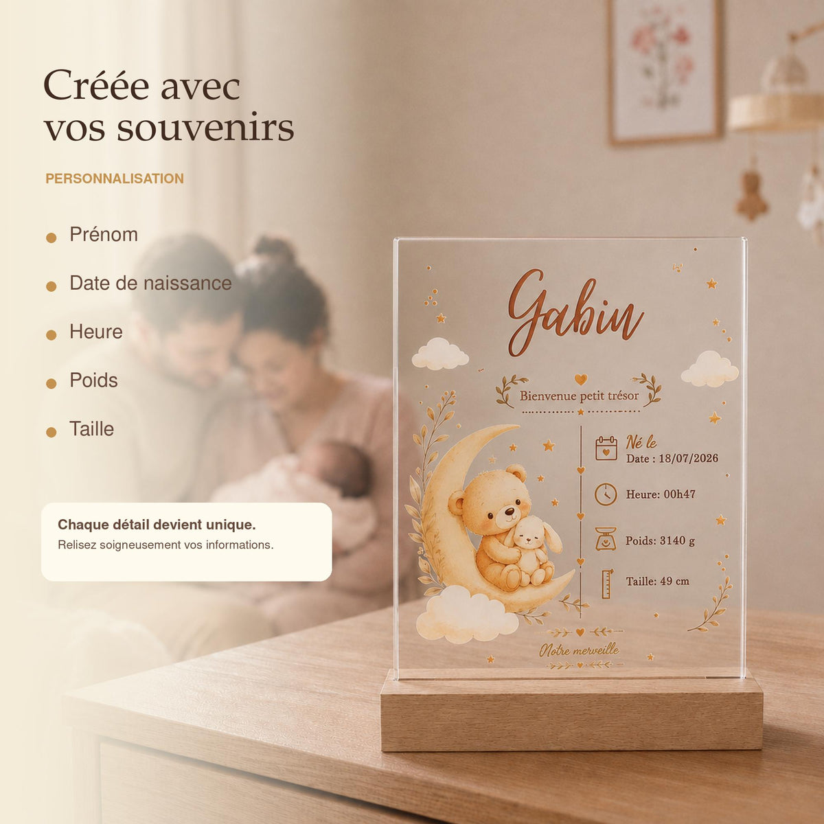 Veilleuse Ourson – souvenir de naissance illuminé